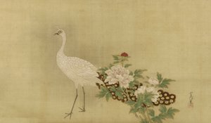 Pavão branco e peônias, período Edo, meados do século XVII ao início do século XVIII (tinta, cor e ouro na seda)